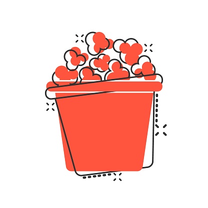 Popcorn vector icon in comic style. Cinema food illustration on white background. Popcorn sign splash effect concept.