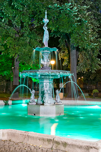Plovdiv, Bulgaria - August 25, 2019: Night Photo of Fountains at Tsar Simeon Garden in City of Plovdiv, Bulgaria