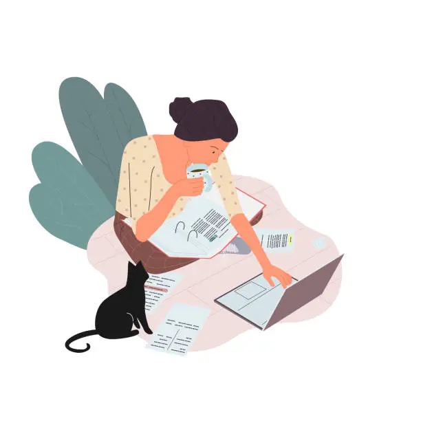 Vector illustration of woman sitting on the floor working at a computer and papers with a cup of hot tea.