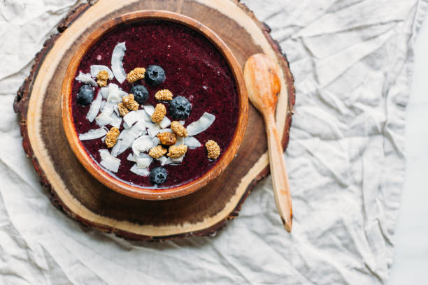 Healthy Food. vegan berries smoothie bowl stock photo