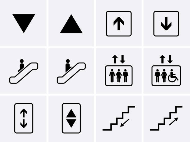 elevator icons gesetzt. - treppe stock-grafiken, -clipart, -cartoons und -symbole