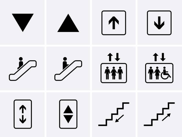 ilustraciones, imágenes clip art, dibujos animados e iconos de stock de conjunto de iconos de ascensor. - staircase