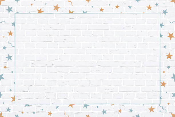 Vector Illustration of a Christmas theme photo or picture frame in pale blue and orange coloured elements  stars,  swirls, twirls, confetti surrounding/ making a border of a white grunge textured brick wall Vector Illustration of a Christmas background in brown Christmas elements   stars, swirls, twirls, confetti, dots pattern surrounding/ making a border of an empty  white, light gray colored brick wall with rectangular blocks, textured grungy backgrounds. No text. No people, copy space, copyspace. Apt for Xmas, Christmas, New Year eve, New Year's , birthday party celebrations star shape photos stock illustrations