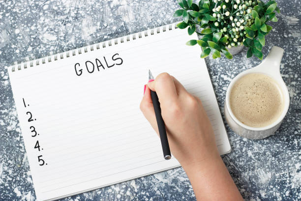 istock Female hand writes goals in a notebook, planning concept 1179511637