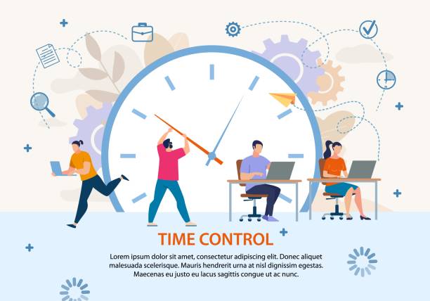 Time Control Project Management Business Poster Time Control and Planning. Project Management and Workflow Development. Profitable Business. Flat Poster. Cartoon Workers in Metaphor Office Doing Job. Vector Huge Alarm Clock Illustration time management stock illustrations
