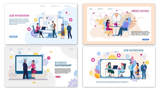 Trendy Flat Landing Page Set for Online Services. Speed Dating for Lonely People, Business Meeting Organization for Company, Job Interview Resources. Vector Cartoon Busy People Illustration