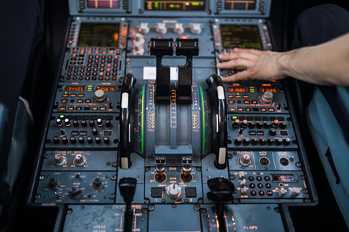In this captivating close-up photograph, the viewer is treated to an intricate view of the Primary Flight Display (PFD) and Navigation (Nav) display within the advanced flight deck of an Airbus A350. The PFD takes center stage, presenting essential flight data with clarity and precision, while the adjacent Nav display provides comprehensive navigation information. The high-resolution screens, intuitive design, and vibrant graphics exemplify the cutting-edge technology and meticulous craftsmanship that define the Airbus A350's flight deck. This visually striking image serves as a testament to the seamless integration of digital displays and navigation systems, making it an invaluable visual asset for aviation enthusiasts, professionals, and designers seeking to showcase the evolution of cockpit instrumentation and the seamless fusion of form and function in modern aircraft.