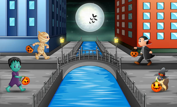 illustrazioni stock, clip art, cartoni animati e icone di tendenza di città notturna di halloween con molti personaggi - bridge stone bridge vector arch bridge