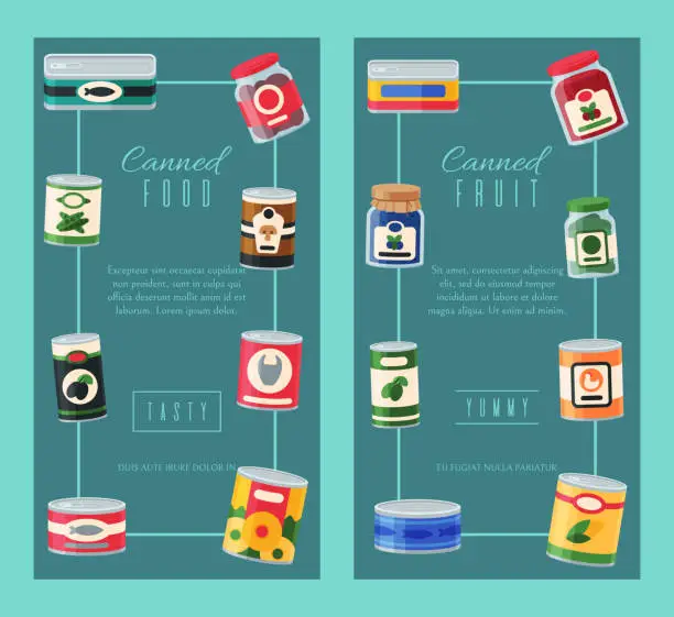 Vector illustration of Canned food banner vector illustration. Vegetable product tinned