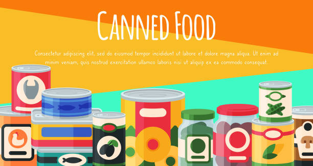 Canned food poster vector illustration. Vegetable product tinned Canned food poster vector illustration. Vegetable product tinned container metal packaging. Soup conserve package can. Healthy goods grocery cooking meal. Canning tinned steel lid shop vegetarian canned food stock illustrations