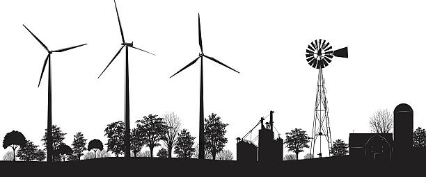 Wind Turbines on Farmland with trees and buildings black silhouette Wind Turbines in a field black silhouette. Landscape horizontal agriculture and rural farmland scene with wind turbines, old-fashioned style windmill, trees, barn, silos and grain silos clipart vector illustration. wind turbine illustrations stock illustrations