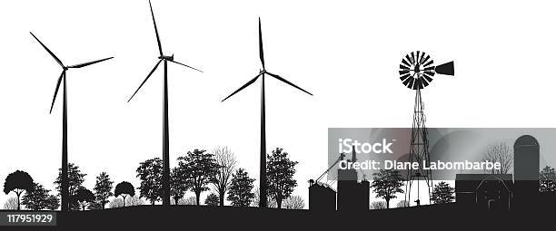 Wind Turbines On Farmland With Trees And Buildings Black Silhouette Stock Illustration - Download Image Now