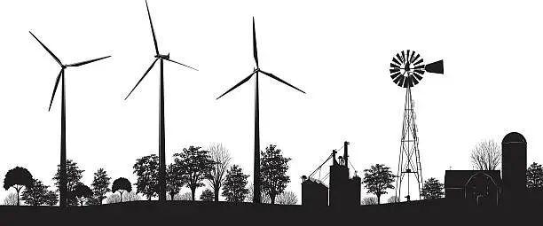 Vector illustration of Wind Turbines on Farmland with trees and buildings black silhouette