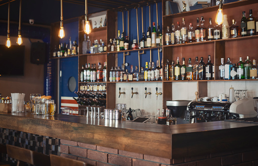 Image of comfortable empty bar, cozy atmosphere, free space