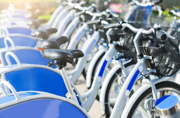 istock Row of bicycles for sharing outdoors, ready for rent 1179521128
