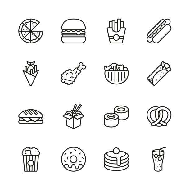 Fast Food Icons Thin Line Set This image is a vector illustration and can be scaled to any size without loss of resolution. fish fry icon stock illustrations
