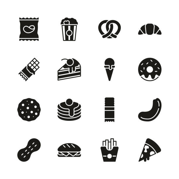 snack oder junk food icons schwarz &weiß set - zwischenmahlzeit stock-grafiken, -clipart, -cartoons und -symbole
