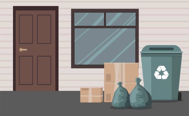 ilustrações de stock, clip art, desenhos animados e ícones de black trash cans on wheels, garbage bags and boxes near the house. outdoor. vector - 8020