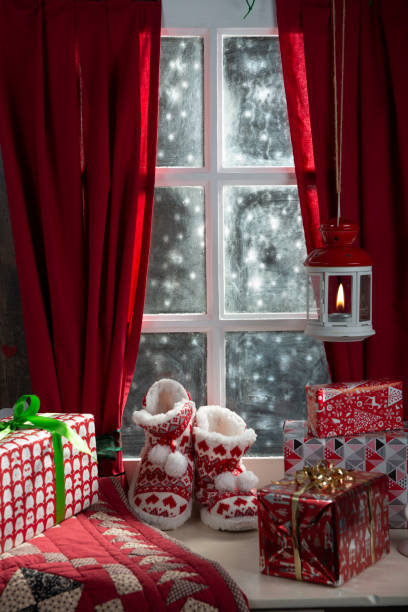 istock Merry Christmas concept greeting postcard with slipper shoes 1179527485