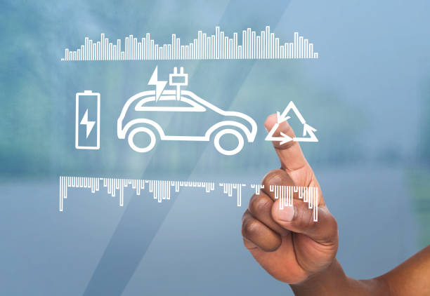 Choosing eco transportation. Black man pushing renewable energy button on virtual car scheme, blue background