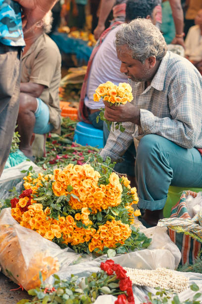 everyday activities at mallick ghat flower market, howrah in morning - vertical lift bridge imagens e fotografias de stock