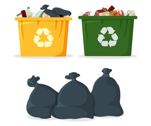Trash Bag with Bin and Tank Icon. Black Garbage Bag on white Background. Trash Container Symbol, Icon and Badge. Cartoon Vector illustration Trash Bag with Bin and Tank Icon. Black Garbage Bag on white Background. Trash Container Symbol, Icon and Badge. Cartoon Vector illustration. black trash bin stock illustrations