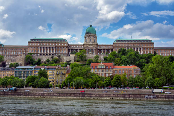 vista del río danubio y el castillo de buda en budapest, hungría - street royal palace of buda budapest hungary fotografías e imágenes de stock