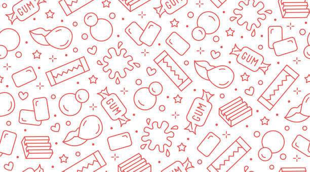 Bubble gum seamless pattern with flat line icons. Chewing candy in stick, pads, bubblegum pack vector illustrations. Cute background for sweets store packaging, pink white color Bubble gum seamless pattern with flat line icons. Chewing candy in stick, pads, bubblegum pack vector illustrations. Cute background for sweets store packaging, pink white color. mint chewing gum stock illustrations