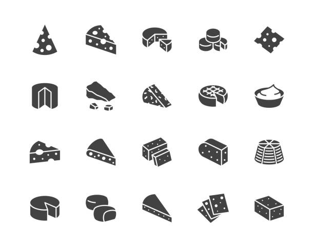 Cheese flat glyph icons set. Parmesan, mozzarella, yogurt, dutch, ricotta, butter, blue chees piece vector illustrations. Black signs for dairy product store. Silhouette pictogram pixel perfect 64x64 Cheese flat glyph icons set. Parmesan, mozzarella, yogurt, dutch, ricotta, butter, blue chees piece vector illustrations. Black signs for dairy product store. Silhouette pictogram pixel perfect 64x64. cheese stock illustrations