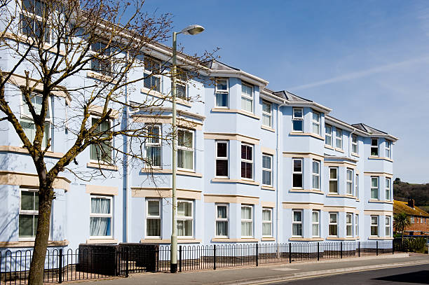 Newly refurbished apartment block stock photo