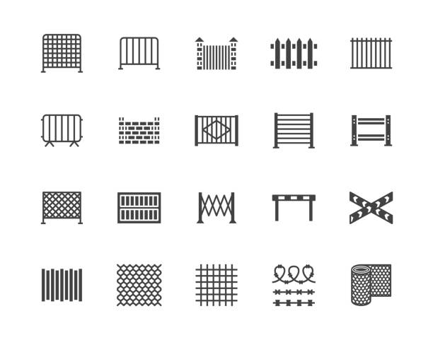 ilustrações de stock, clip art, desenhos animados e ícones de fence flat glyph icons set. wood fencing, metal profiled sheet, wire mesh, crowd control barricades vector illustrations. black signs for protection store. silhouette pictogram pixel perfect 64x64 - enclosure