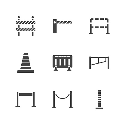 Roadblock flat glyph icons set. Barrier, crowd control barricades, rope stanchion vector illustrations. Black signs for pedastrian safety, roadwork. Silhouette pictogram pixel perfect 64x64.