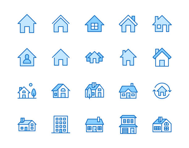 주택 평면 선 아이콘 세트. 홈 페이지 버튼, 주거 용 건물, 국가 별장, 아파트 벡터 그림. 부동산에 대한 간단한 징후를 요약합니다. 픽셀 완벽한 64x64. 편집 가능한 스트로크 - flat line stock illustrations