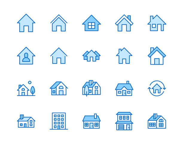 Houses flat line icons set. Home page button, residential building, country cottage, apartment vector illustrations. Outline simple signs for real estate. Pixel perfect 64x64. Editable Strokes Houses flat line icons set. Home page button, residential building, country cottage, apartment vector illustrations. Outline simple signs for real estate. Pixel perfect 64x64. Editable Strokes. home stock illustrations