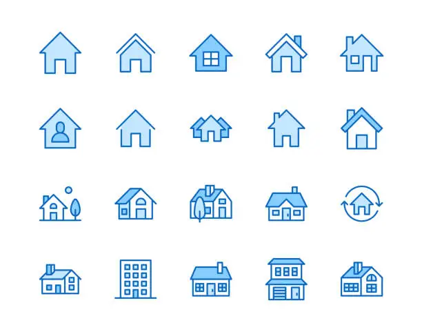 Vector illustration of Houses flat line icons set. Home page button, residential building, country cottage, apartment vector illustrations. Outline simple signs for real estate. Pixel perfect 64x64. Editable Strokes