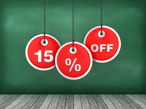 15% OFF Price Tags Hanging on Chalkboard Background - 3D Rendering