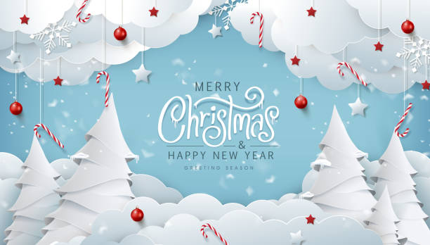 ilustraciones, imágenes clip art, dibujos animados e iconos de stock de composición navideña de invierno en estilo de corte de papel. feliz navidad texto carta caligráfica vector ilustración. - winter suit