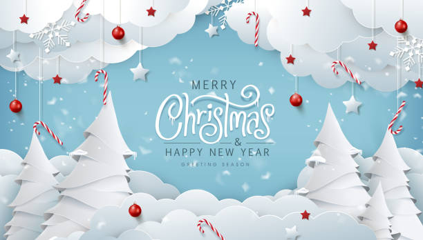 Winter christmas composition in paper cut style.Merry Christmas text Calligraphic Lettering Vector illustration. Winter christmas composition in paper cut style.Merry Christmas text Calligraphic Lettering Vector illustration. typescript illustrations stock illustrations