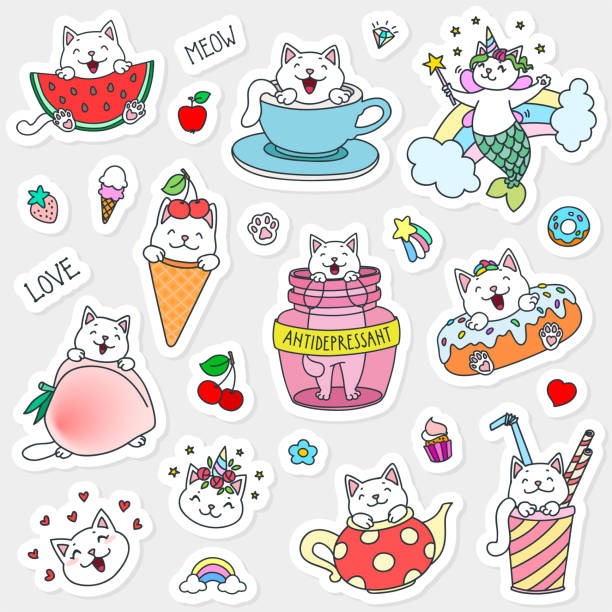 ilustraciones, imágenes clip art, dibujos animados e iconos de stock de pegatinas kawaii - cake pie apple pie apple