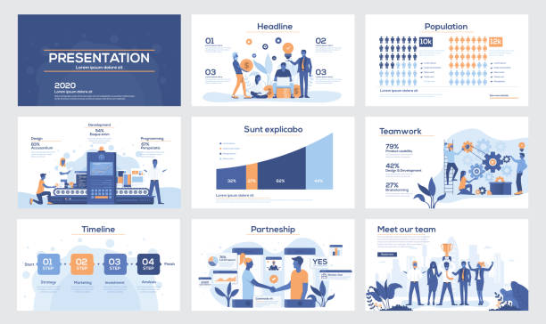 Infographics slide template design Presentation slide templates and business brochures. Set of modern minimalistic infographic elements for web, print, magazine, flyer, brochure, media, marketing and advertising concepts. Vector Illustration powerpoint template stock illustrations