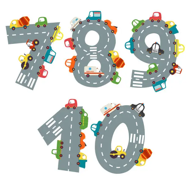 Vector illustration of set of numbers with number of cars from 7 to 10