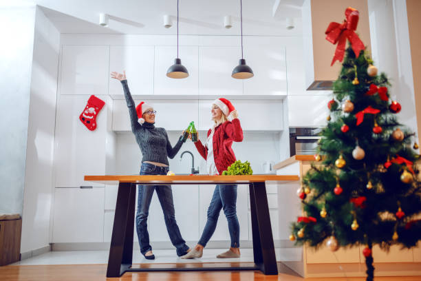 istock Happy senior woman toasting with beer with her daughter while standing in kitchen. Both having santa hats on heads. 1179552340