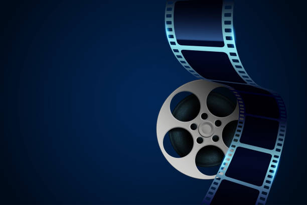 istock Real film strips in waveform with cinema reel. Vector poster design template. 3D flyer or poster festival isolated on blue background. Movie time background. Cinematography concept of film industry. 1179552389