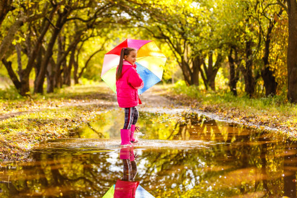istock Legs of child in rainboots standing in puddle 1179553983