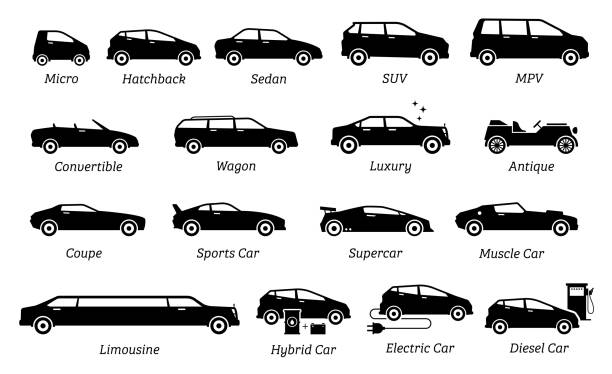 List of different types of car icons. Set icon of cars, transportation, vehicles from different segments and types in simple silhouette black pictogram. Side view of many type cars. saloon car stock illustrations