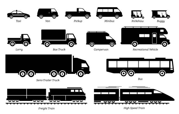 List of commercial landed vehicles transportation icons. Illustrations artwork depict land transport for commercial  work. These are taxi, van, pickup, truck, bus, lorry, and train. semi auto stock illustrations