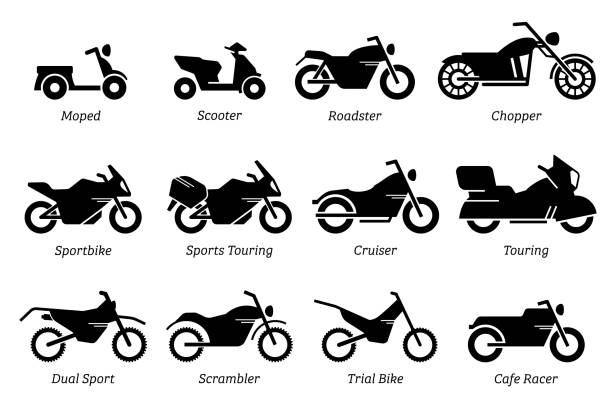 バイク、バイク、バイクのアイコンセットの異なるタイプのリスト。 - motorcycle motocross biker moped点のイラスト素材／クリップアート素材／マンガ素材／アイコン素材