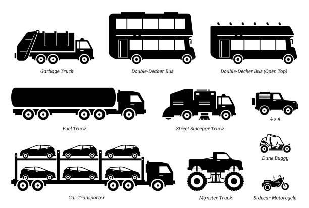 List of special purpose vehicles icon set. Side view artwork of garbage truck, double decker bus, fuel truck, street sweeper, 4wd, car transporter, monster truck, dune buggy, and sidecar motorcycle. ford truck black stock illustrations