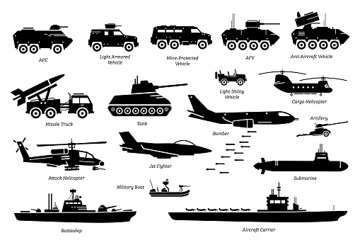 Artwork depicts army armored vehicle, tank, missile truck, bomber, attack helicopter, jet fighter, warship, boat, ship, and submarine.