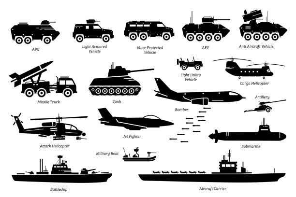 Military combat vehicles, transportation, and machine icon set. Artwork depicts army armored vehicle, tank, missile truck, bomber, attack helicopter, jet fighter, warship, boat, ship, and submarine. armored tank stock illustrations